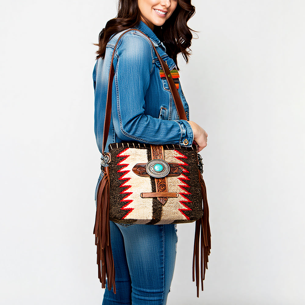 ADBG1118 American Darling Western Leather Crossbody Bag with Fringe - Tooled Handcrafted Saddle Blanket Purse