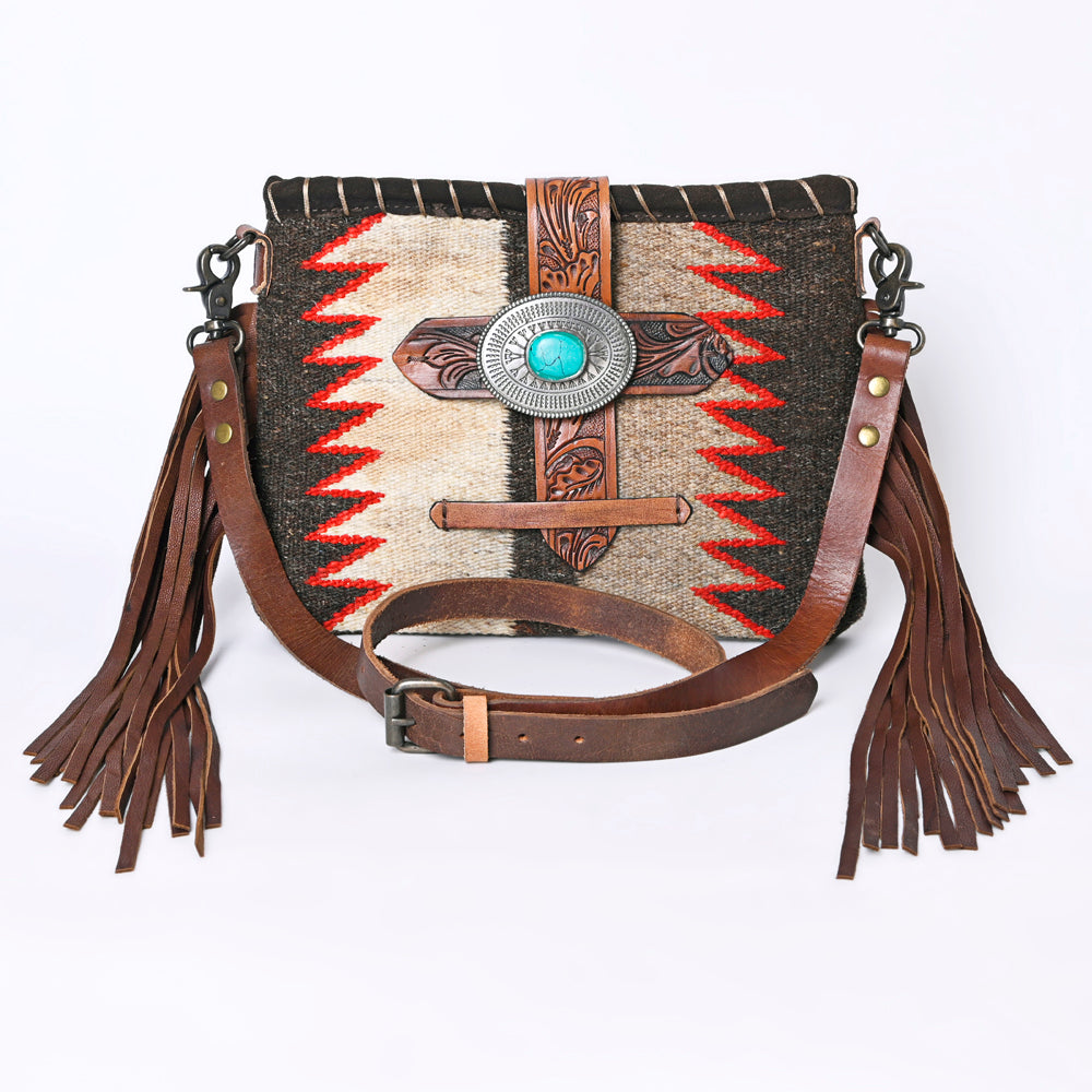 ADBG1118 American Darling Western Leather Crossbody Bag with Fringe - Tooled Handcrafted Saddle Blanket Purse