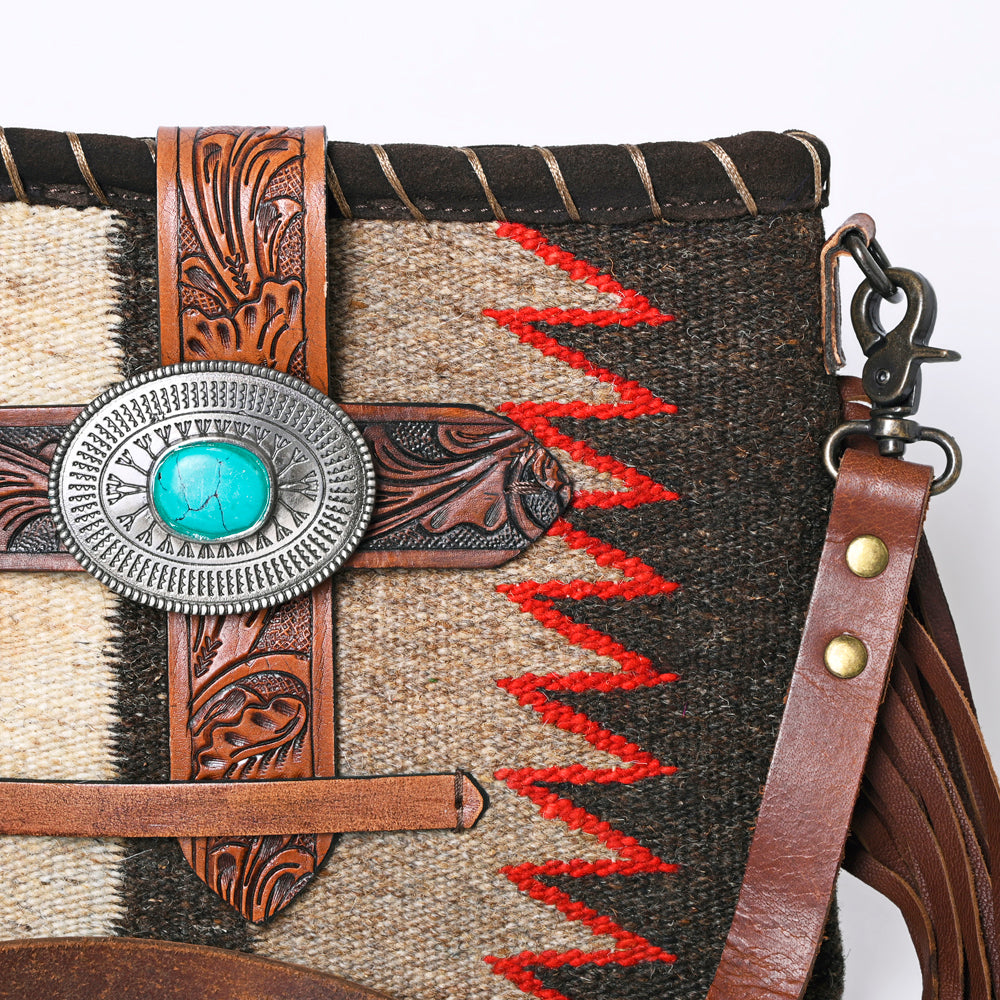 ADBG1118 American Darling Western Leather Crossbody Bag with Fringe - Tooled Handcrafted Saddle Blanket Purse
