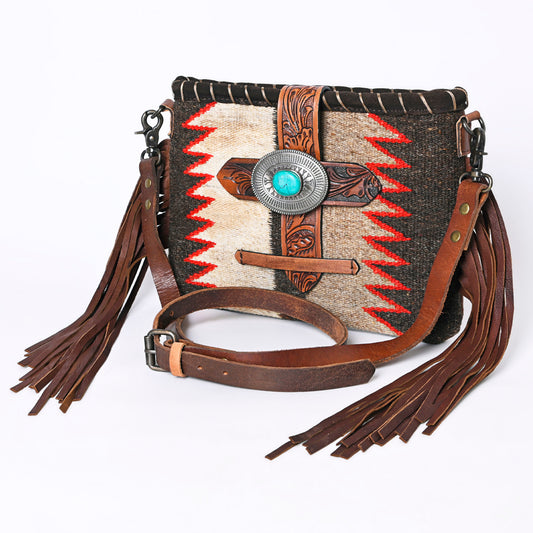ADBG1118 American Darling Western Leather Crossbody Bag with Fringe - Tooled Handcrafted Saddle Blanket Purse