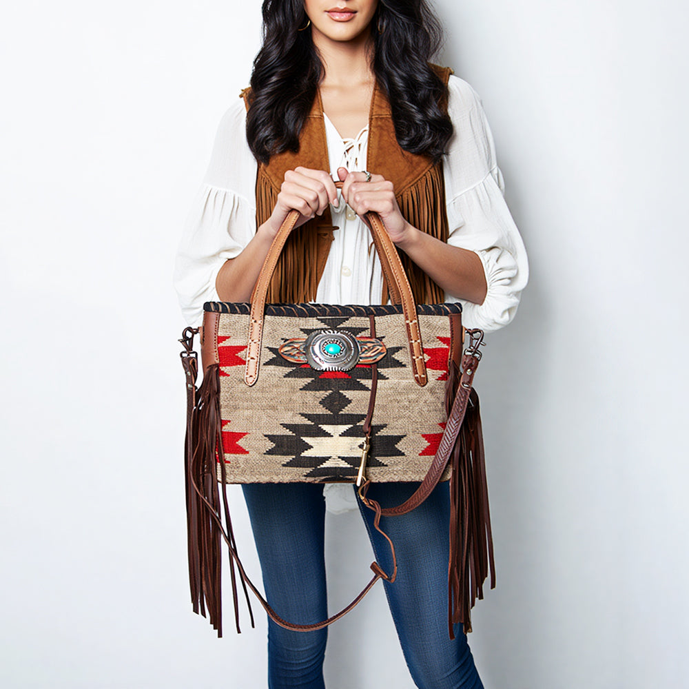 ADBG1119 American Darling Western Fringe Leather Tote Bag with Native American Inspired Handwoven Design