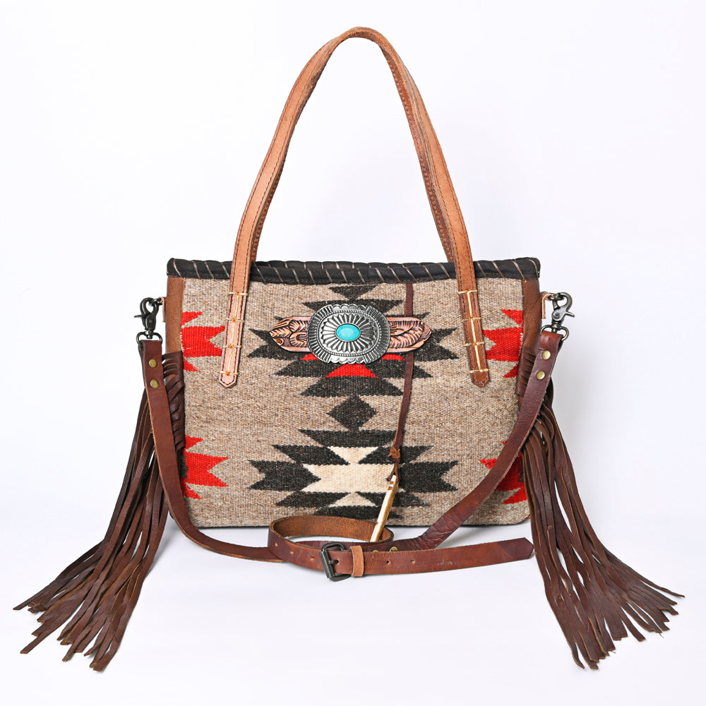ADBG1119 American Darling Western Fringe Leather Tote Bag with Native American Inspired Handwoven Design