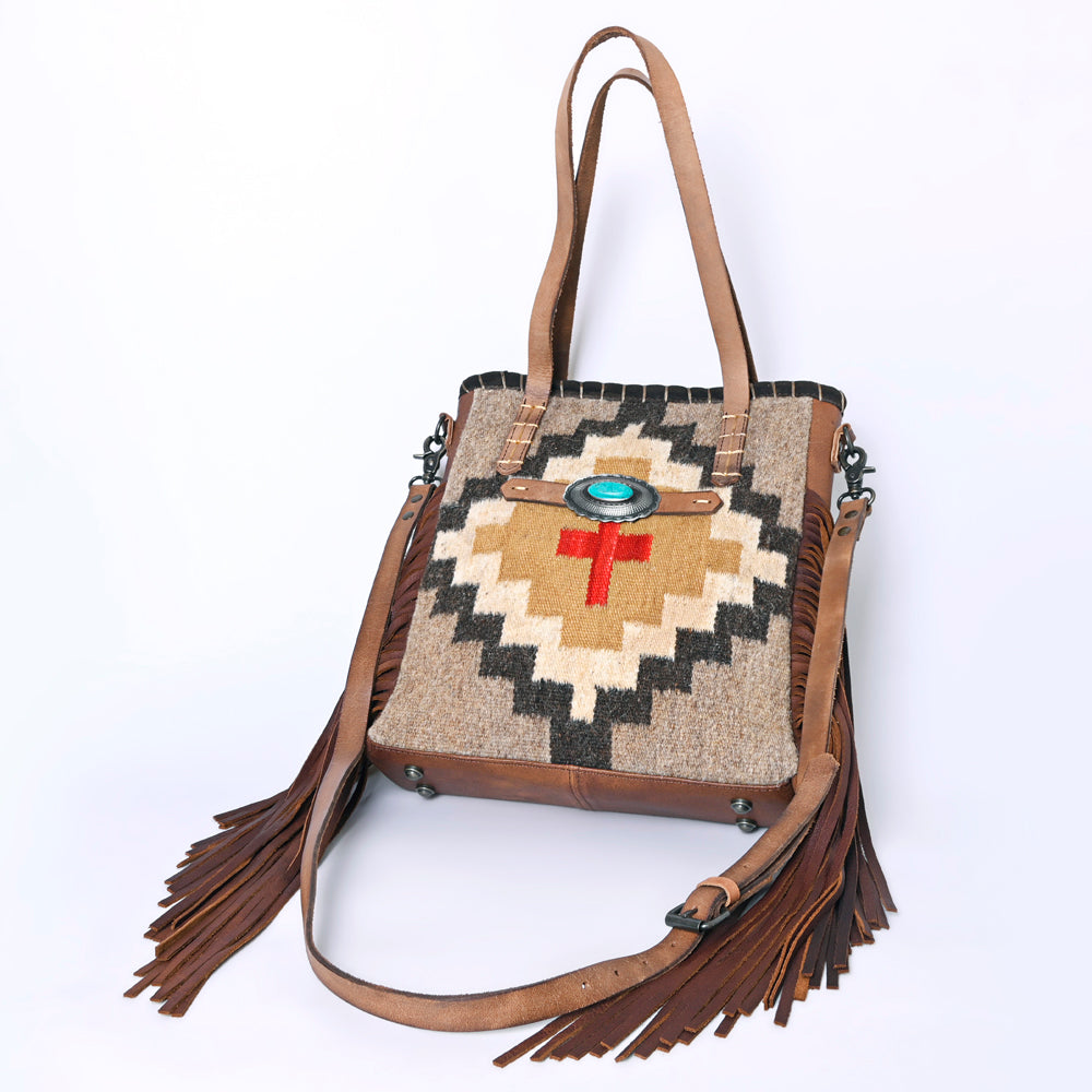 ADBG1120 American Darling Handcrafted Western Leather Tote Bag with Fringe, Genuine Leather & Native Design