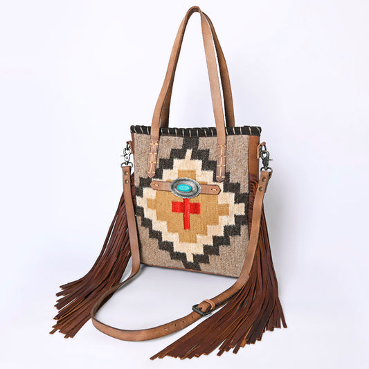 ADBG1120 American Darling Handcrafted Western Leather Tote Bag with Fringe, Genuine Leather & Native Design