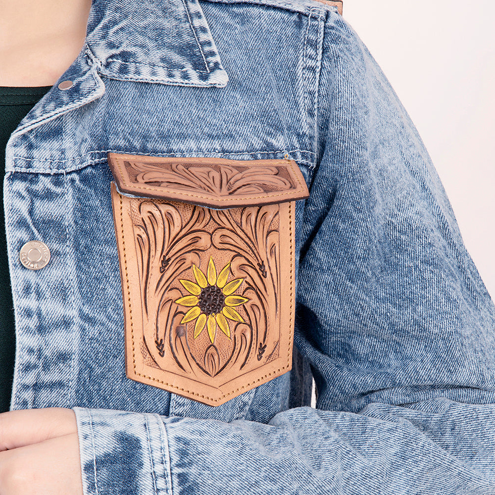 LC-ADJKT002 Western Denim Jacket with Tooled Leather Sunflower Yoke & Fringe