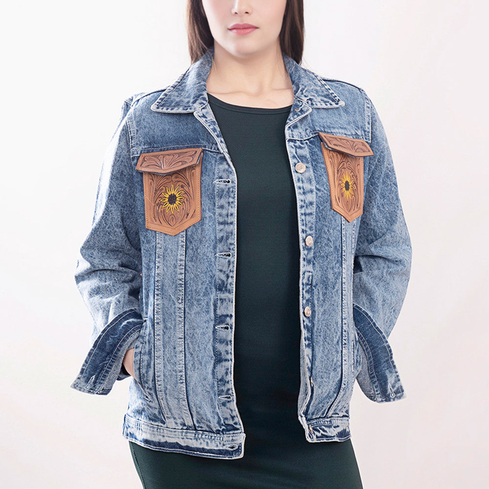 LC-ADJKT002 Western Denim Jacket with Tooled Leather Sunflower Yoke & Fringe