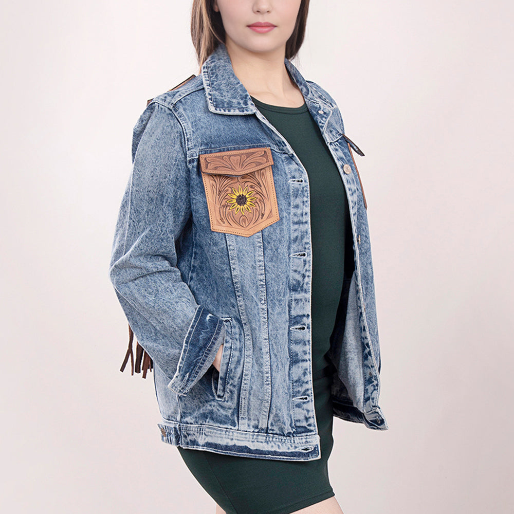 LC-ADJKT002 Western Denim Jacket with Tooled Leather Sunflower Yoke & Fringe