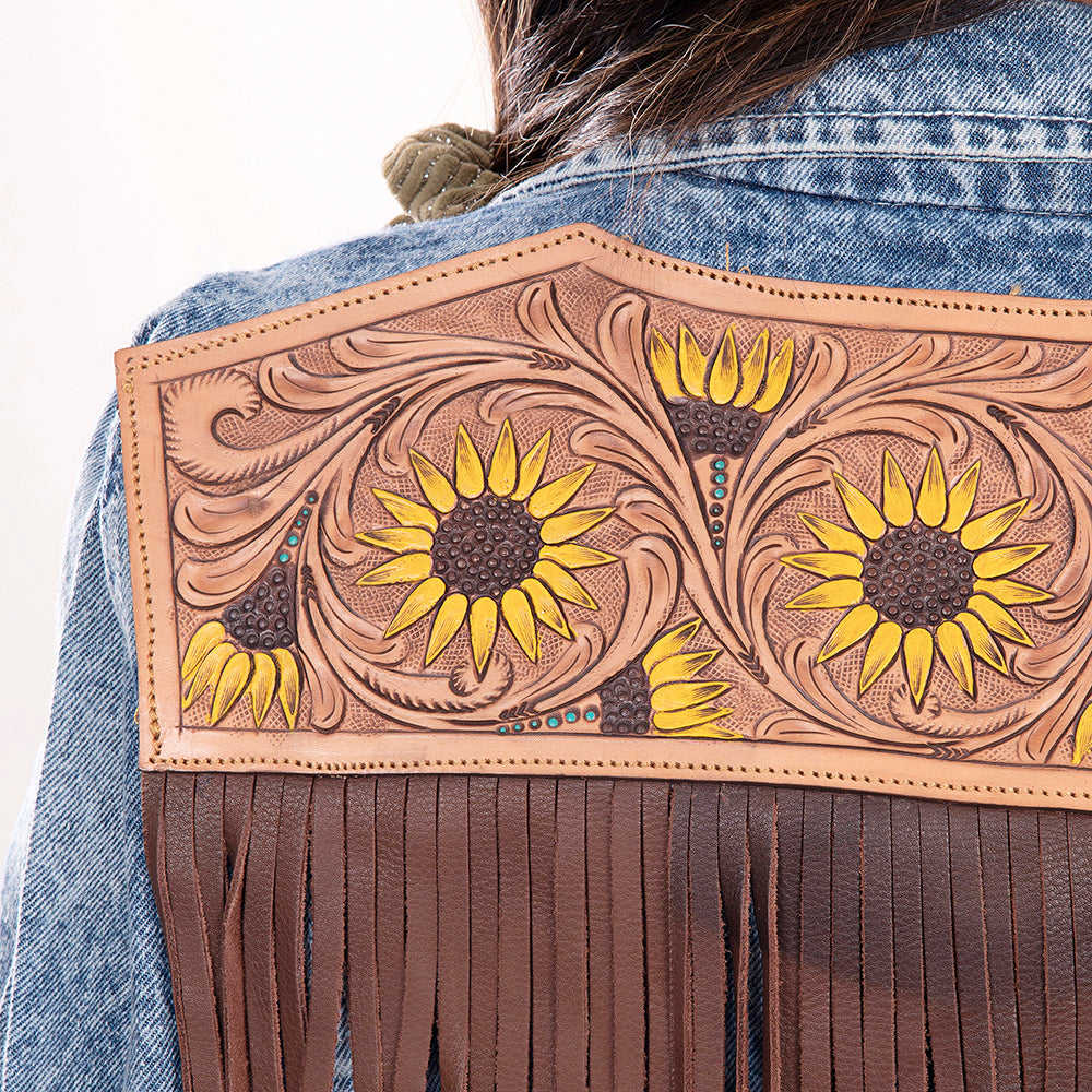 LC-ADJKT002 Western Denim Jacket with Tooled Leather Sunflower Yoke & Fringe