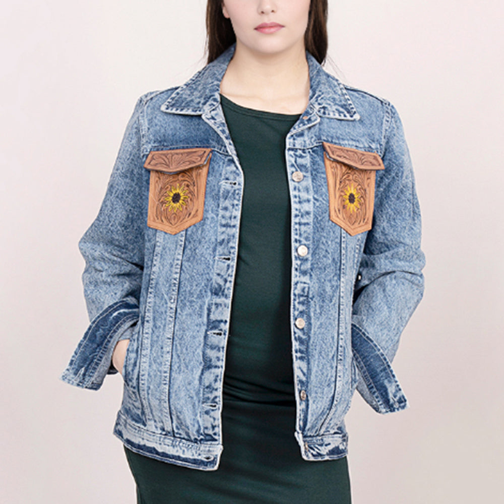 LC-ADJKT002 Western Denim Jacket with Tooled Leather Sunflower Yoke & Fringe