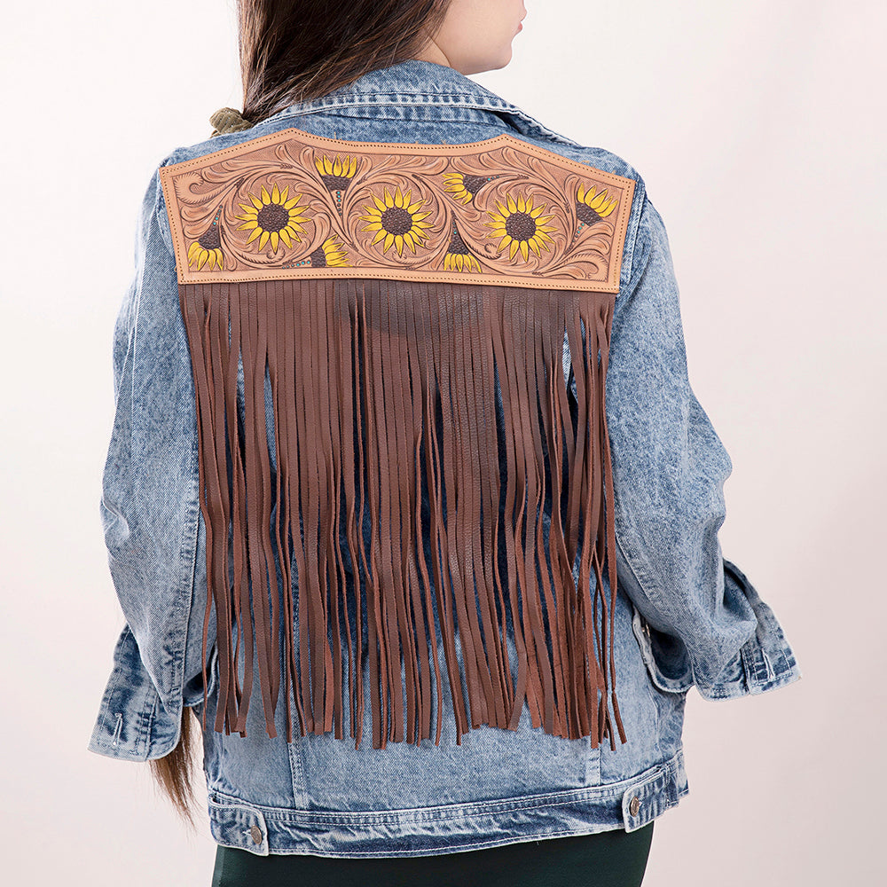 LC-ADJKT002 Western Denim Jacket with Tooled Leather Sunflower Yoke & Fringe