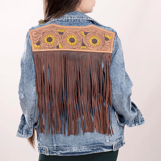 LC-ADJKT002 Western Denim Jacket with Tooled Leather Sunflower Yoke & Fringe