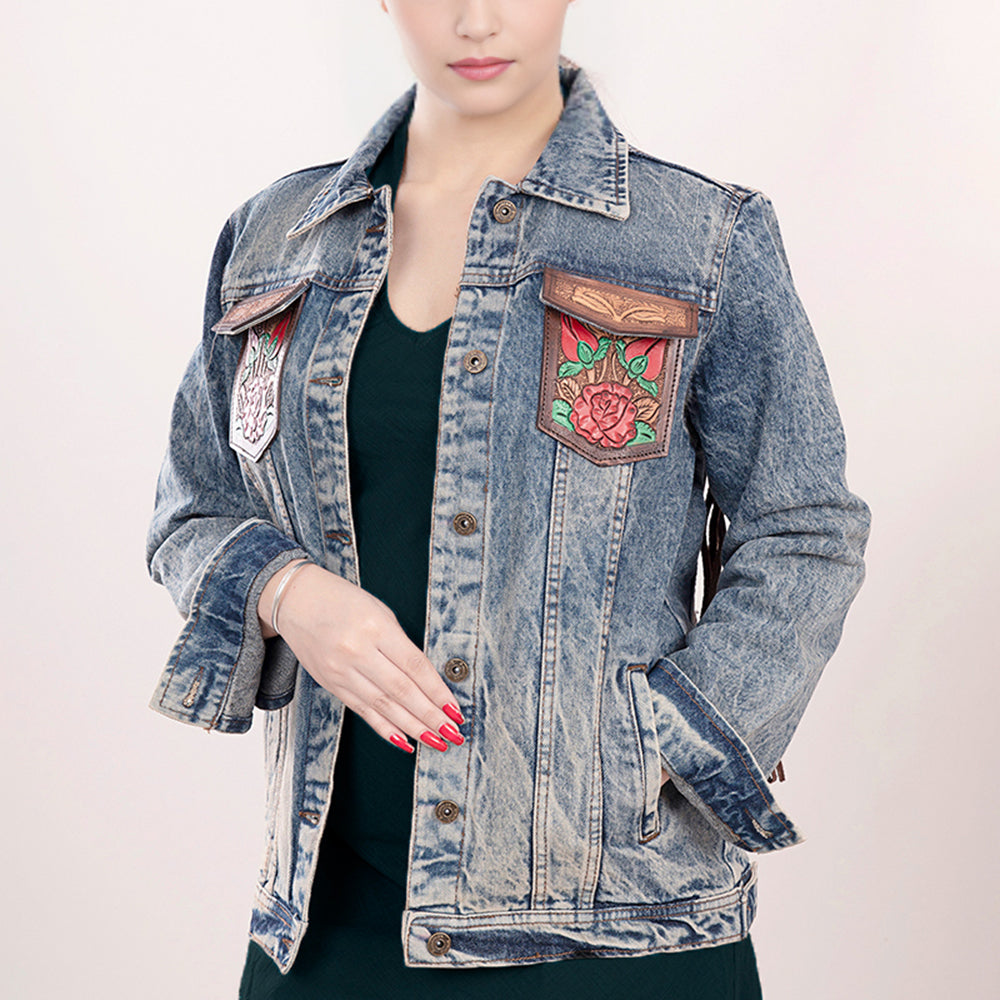 LC-ADJKT003 Hand-Tooled Leather Rose Fringe Panel Denim Jacket - Western Vintage Style