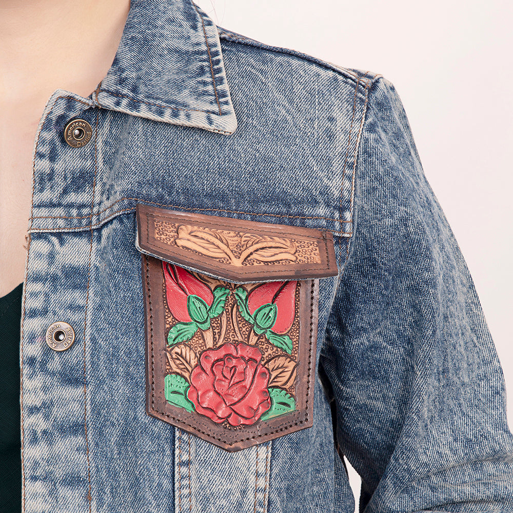 LC-ADJKT003 Hand-Tooled Leather Rose Fringe Panel Denim Jacket - Western Vintage Style