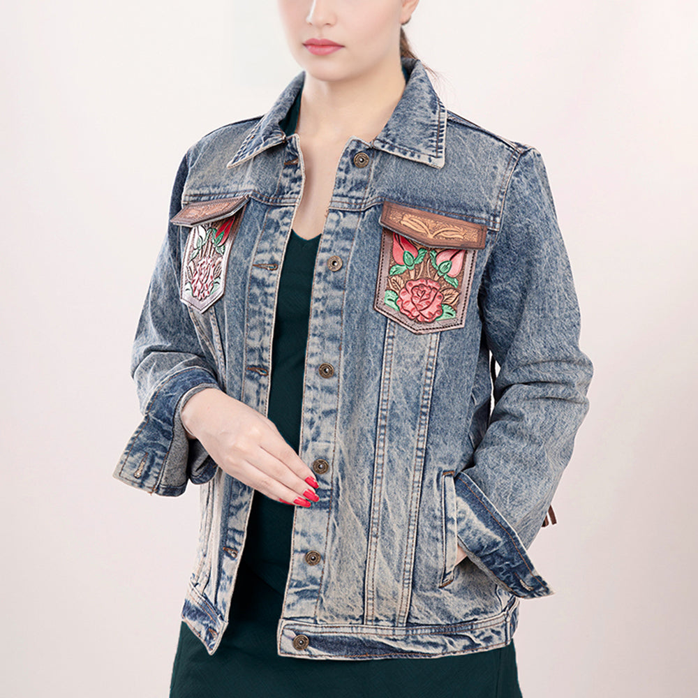 LC-ADJKT003 Hand-Tooled Leather Rose Fringe Panel Denim Jacket - Western Vintage Style
