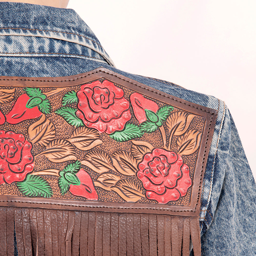 LC-ADJKT003 Hand-Tooled Leather Rose Fringe Panel Denim Jacket - Western Vintage Style