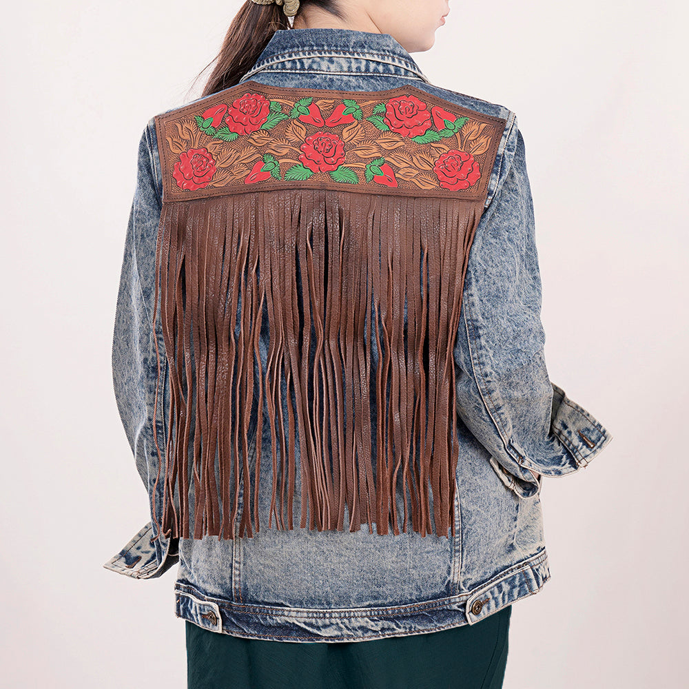 LC-ADJKT003 Hand-Tooled Leather Rose Fringe Panel Denim Jacket - Western Vintage Style