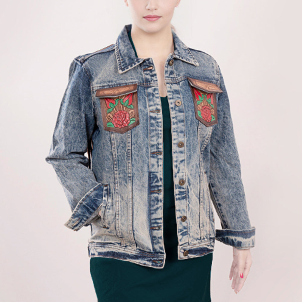 LC-ADJKT003 Hand-Tooled Leather Rose Fringe Panel Denim Jacket - Western Vintage Style