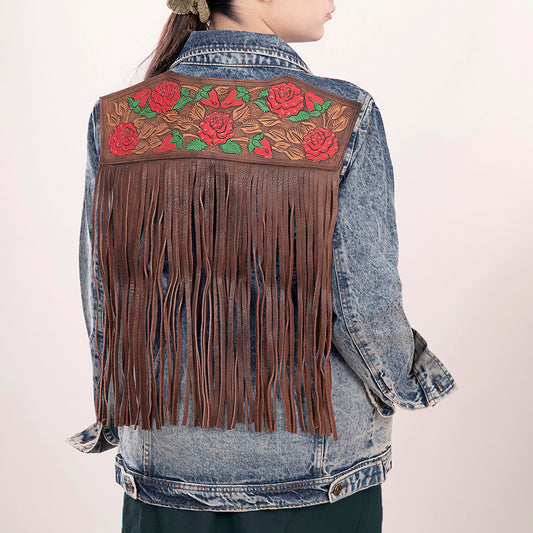 LC-ADJKT003 Hand-Tooled Leather Rose Fringe Panel Denim Jacket - Western Vintage Style