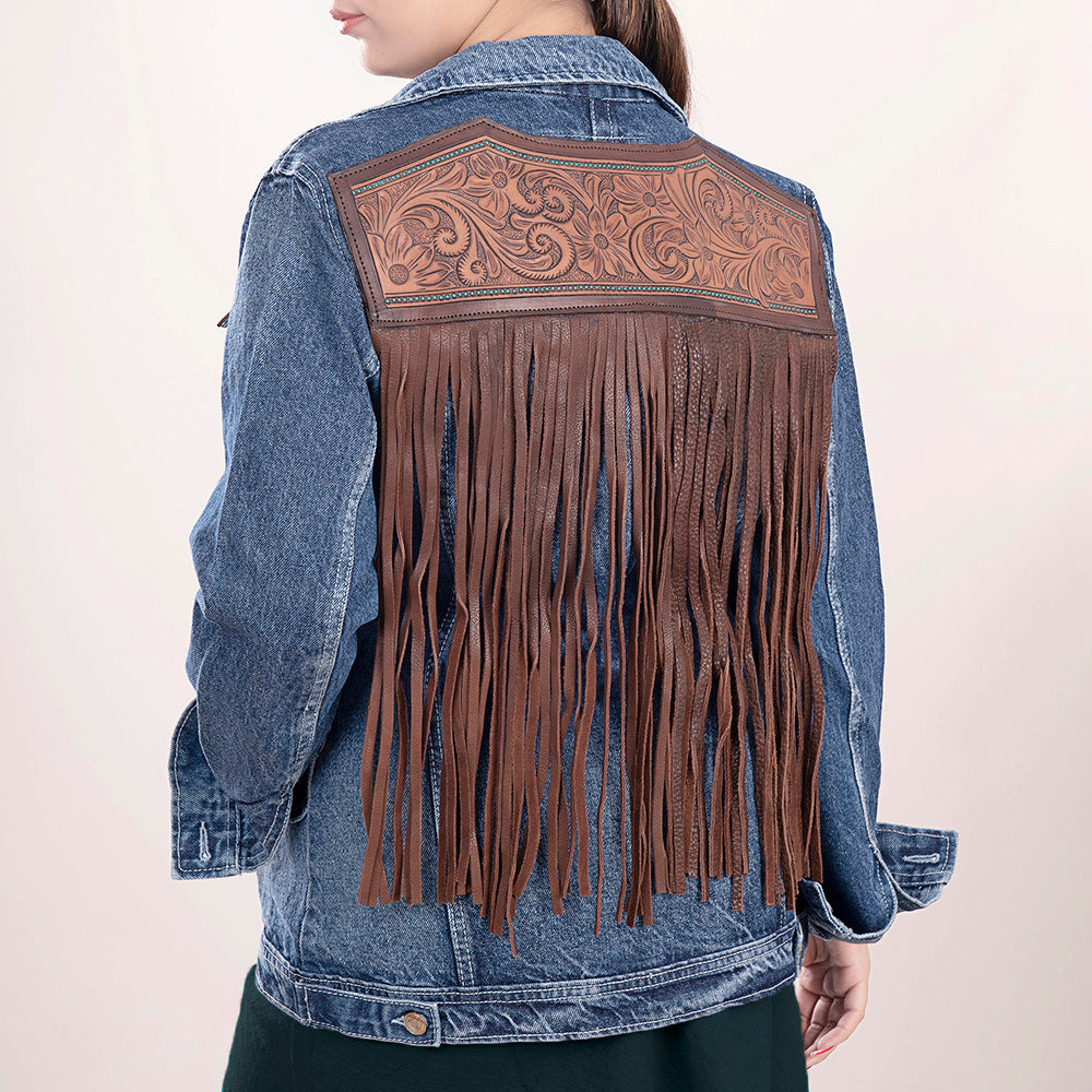 LC-ADJKT004 Western Denim Jacket with Tooled Floral Leather Yoke & Fringe - Cowgirl Heritage Style