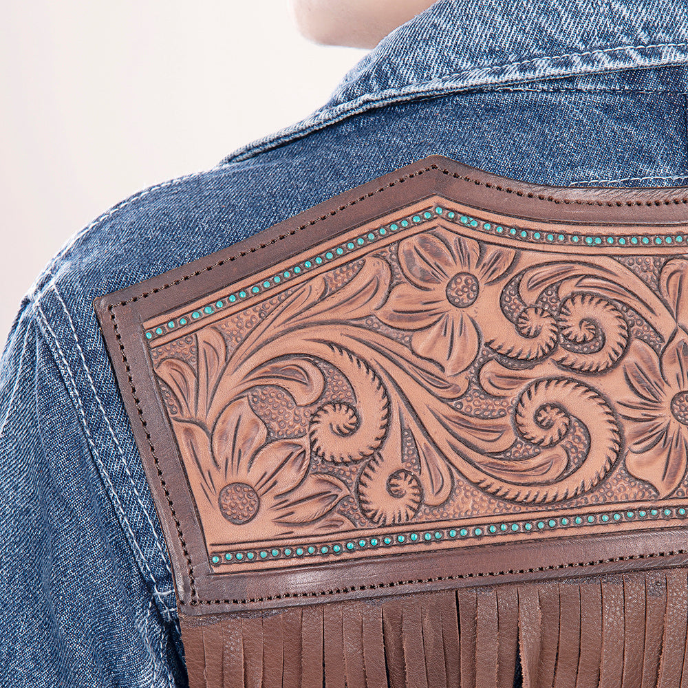 LC-ADJKT004 Western Denim Jacket with Tooled Floral Leather Yoke & Fringe - Cowgirl Heritage Style
