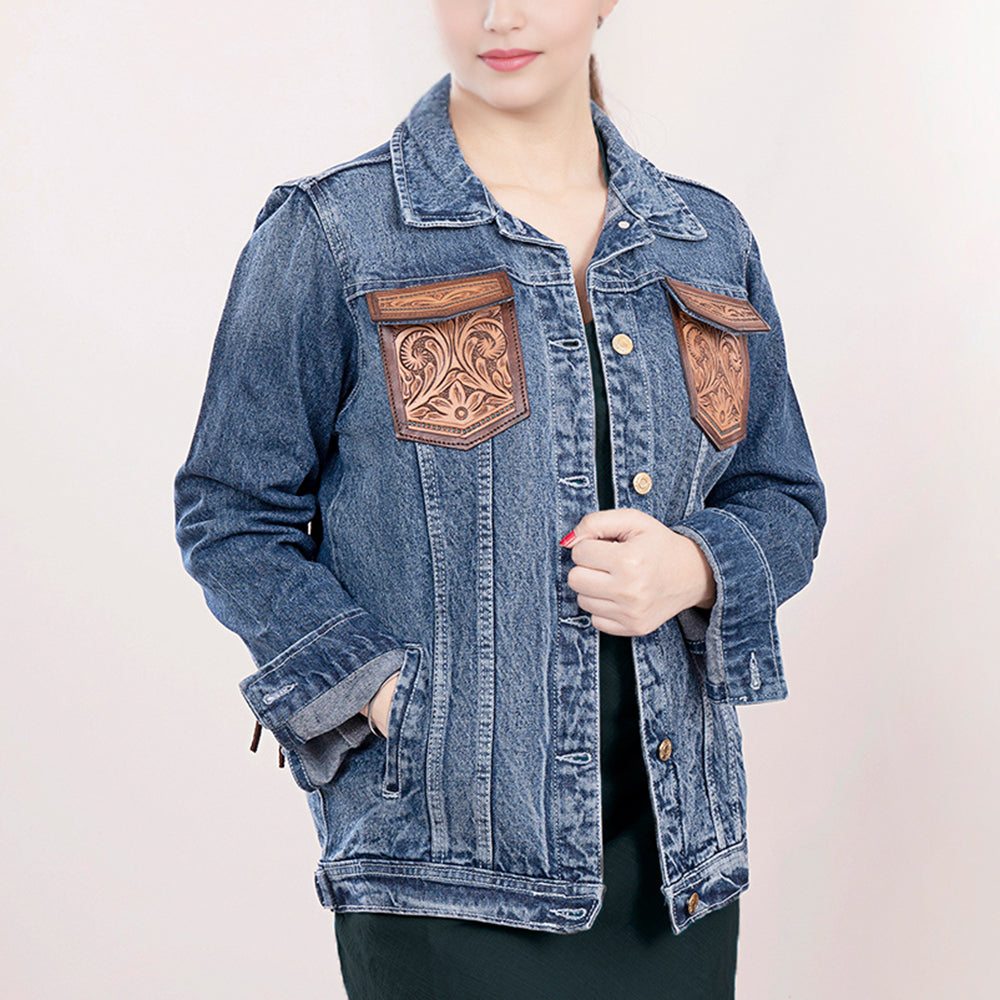 LC-ADJKT004 Western Denim Jacket with Tooled Floral Leather Yoke & Fringe - Cowgirl Heritage Style