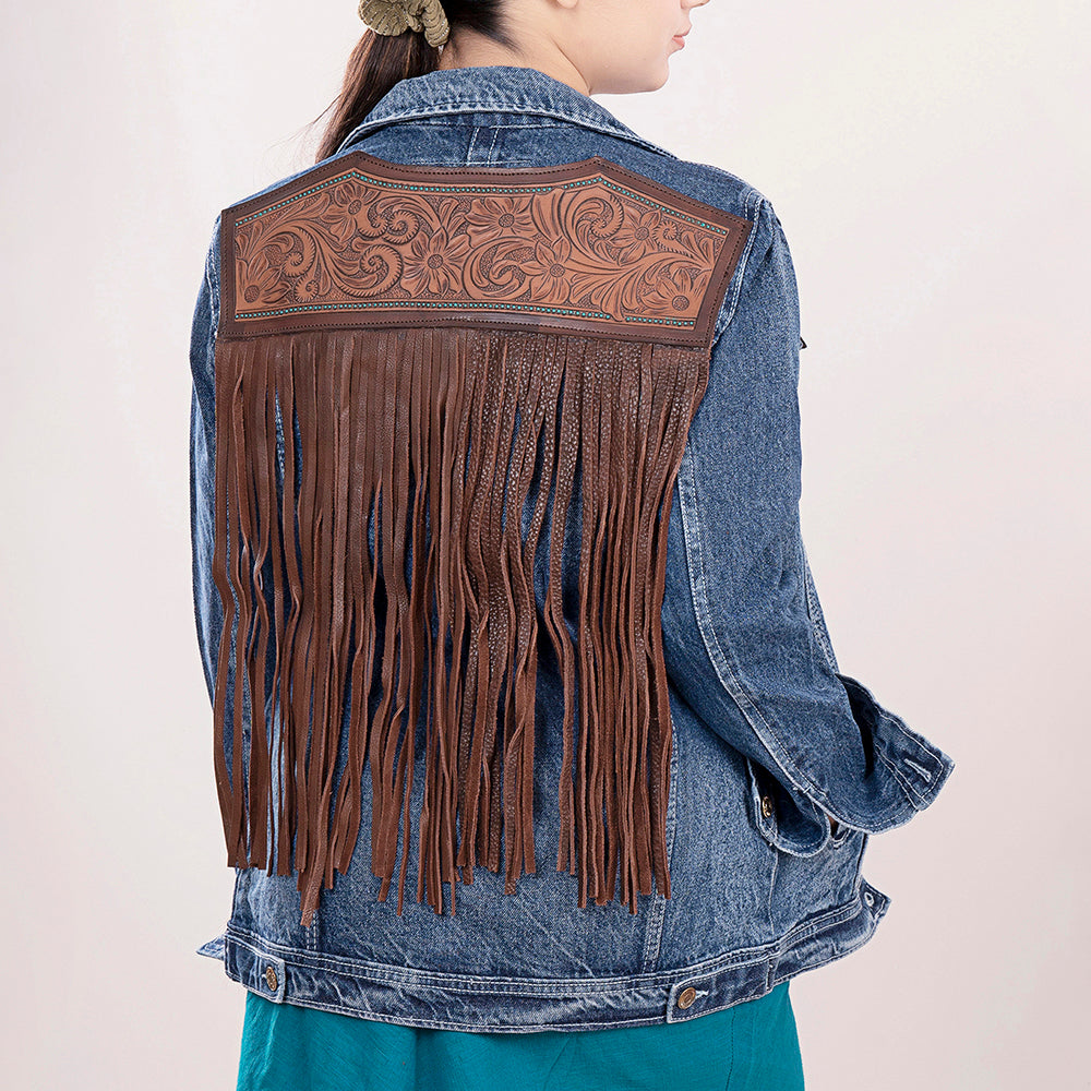 LC-ADJKT004 Western Denim Jacket with Tooled Floral Leather Yoke & Fringe - Cowgirl Heritage Style