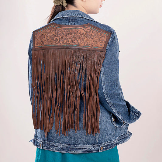 LC-ADJKT004 Western Denim Jacket with Tooled Floral Leather Yoke & Fringe - Cowgirl Heritage Style
