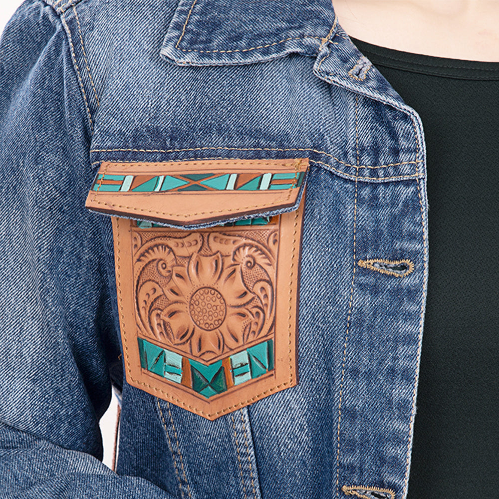 LC-ADJKT006 Southwestern Tooled Leather & Fringe Denim Jacket - Turquoise Accent Cowgirl Style