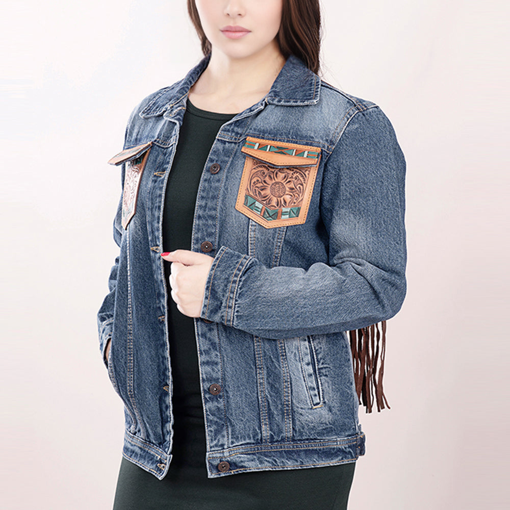 LC-ADJKT006 Southwestern Tooled Leather & Fringe Denim Jacket - Turquoise Accent Cowgirl Style