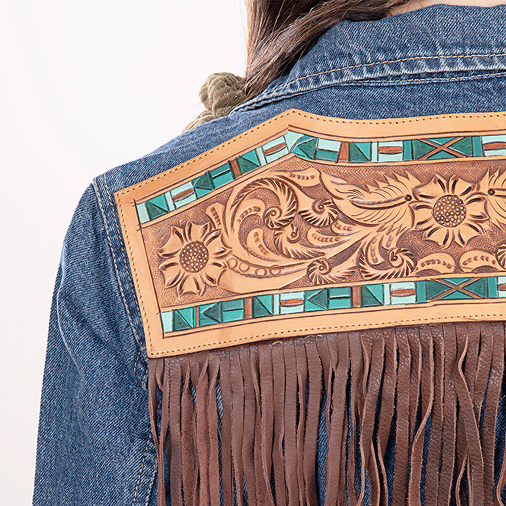 LC-ADJKT006 Southwestern Tooled Leather & Fringe Denim Jacket - Turquoise Accent Cowgirl Style