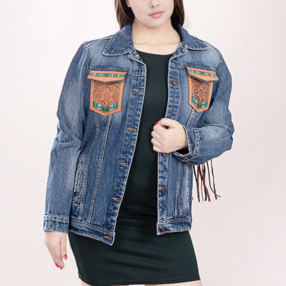 LC-ADJKT006 Southwestern Tooled Leather & Fringe Denim Jacket - Turquoise Accent Cowgirl Style