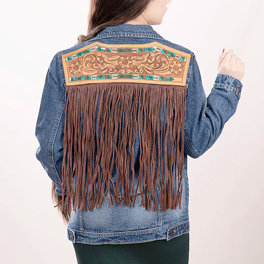 LC-ADJKT006 Southwestern Tooled Leather & Fringe Denim Jacket - Turquoise Accent Cowgirl Style