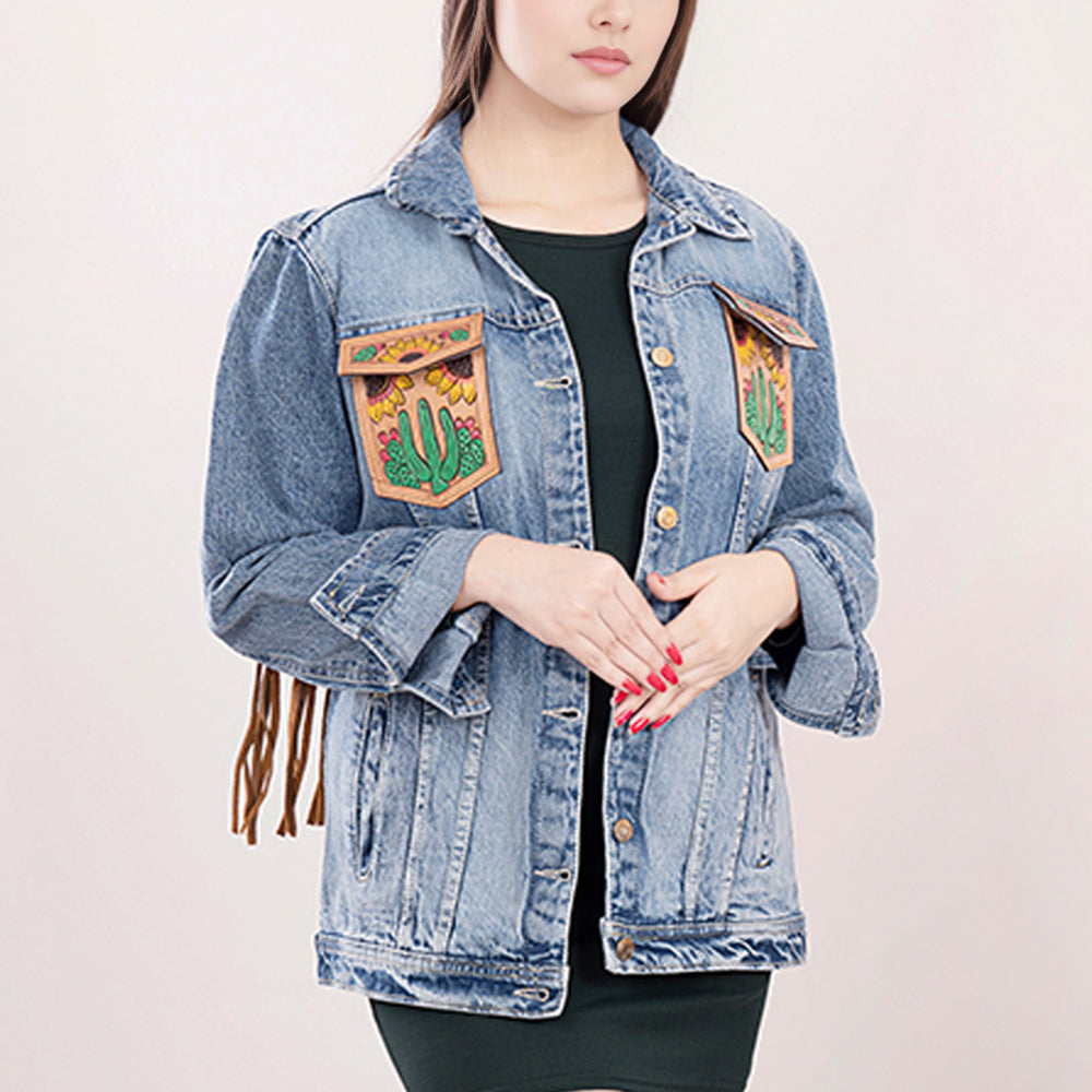 LC-ADJKT007 Desert Cactus & Sunflower Tooled Leather Fringe Denim Jacket - Western Boho Style