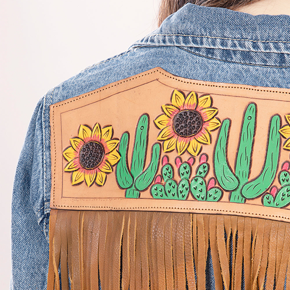 LC-ADJKT007 Desert Cactus & Sunflower Tooled Leather Fringe Denim Jacket - Western Boho Style