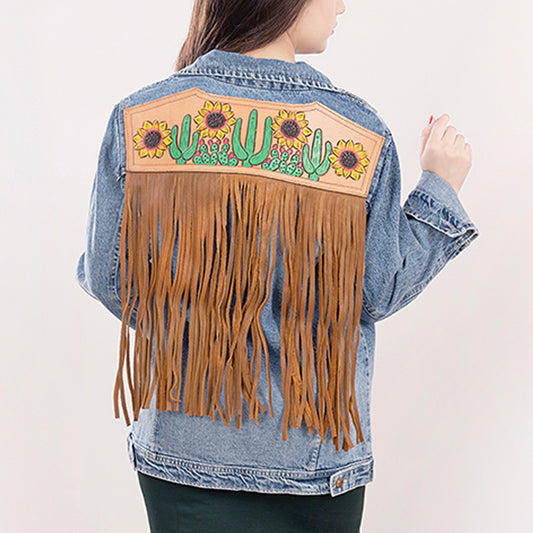LC-ADJKT007 Desert Cactus & Sunflower Tooled Leather Fringe Denim Jacket - Western Boho Style