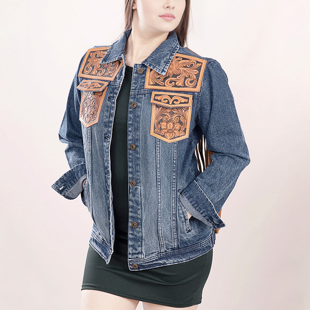 LC-ADJKT008 Classic Western Denim Jacket with Floral Tooled Leather Yoke & Tan Fringe