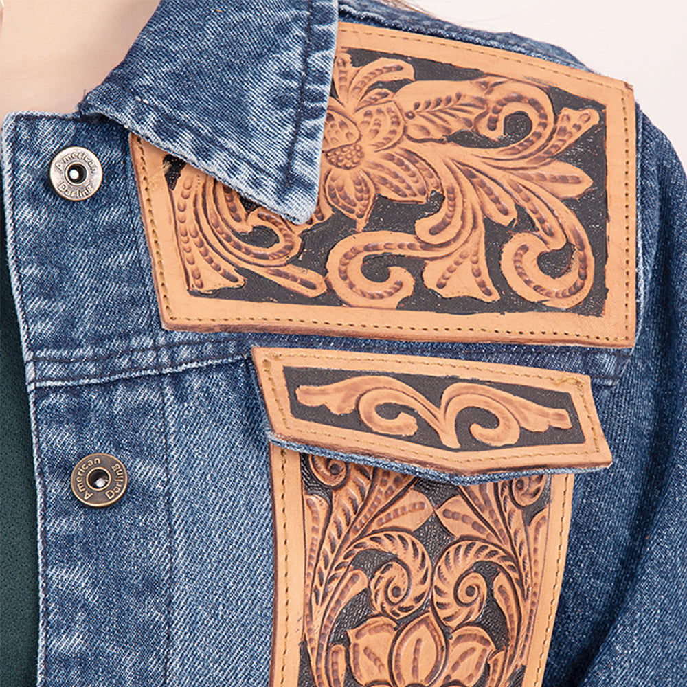 LC-ADJKT008 Classic Western Denim Jacket with Floral Tooled Leather Yoke & Tan Fringe