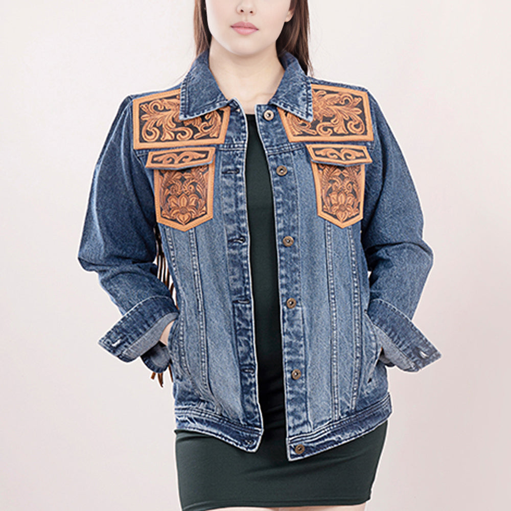 LC-ADJKT008 Classic Western Denim Jacket with Floral Tooled Leather Yoke & Tan Fringe