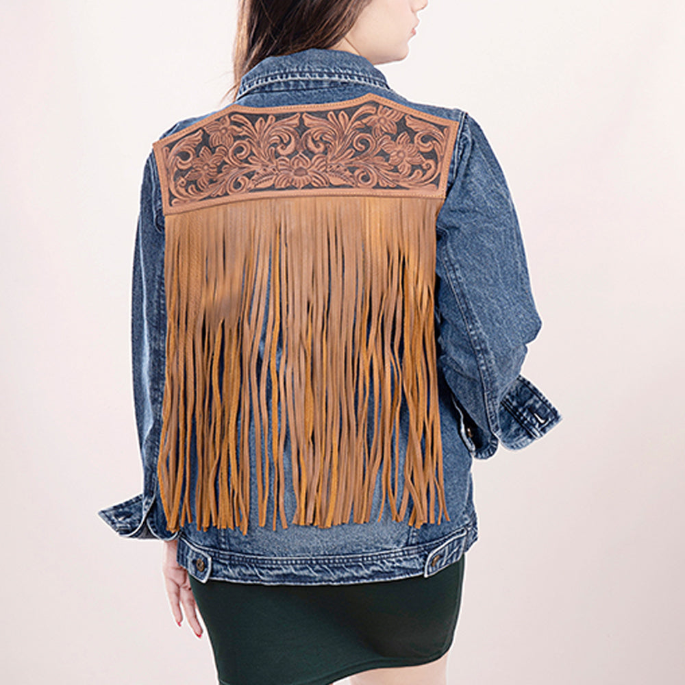 LC-ADJKT008 Classic Western Denim Jacket with Floral Tooled Leather Yoke & Tan Fringe