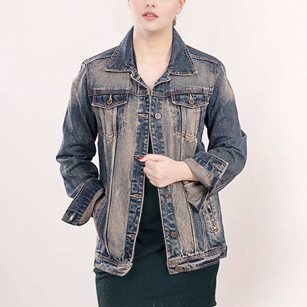 LC-ADJKT011 Western Denim Jacket with Hand-Tooled Tan Leather Yoke - No Fringe