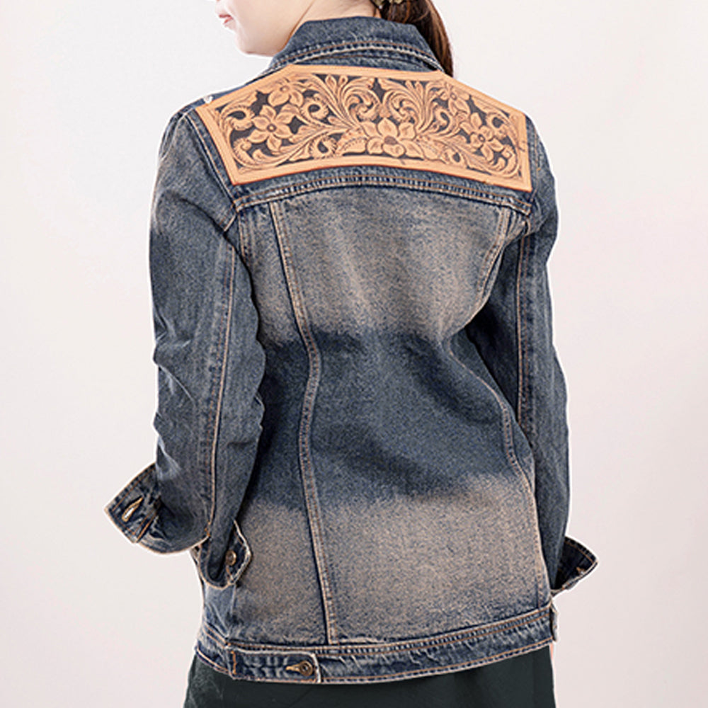 LC-ADJKT011 Western Denim Jacket with Hand-Tooled Tan Leather Yoke - No Fringe
