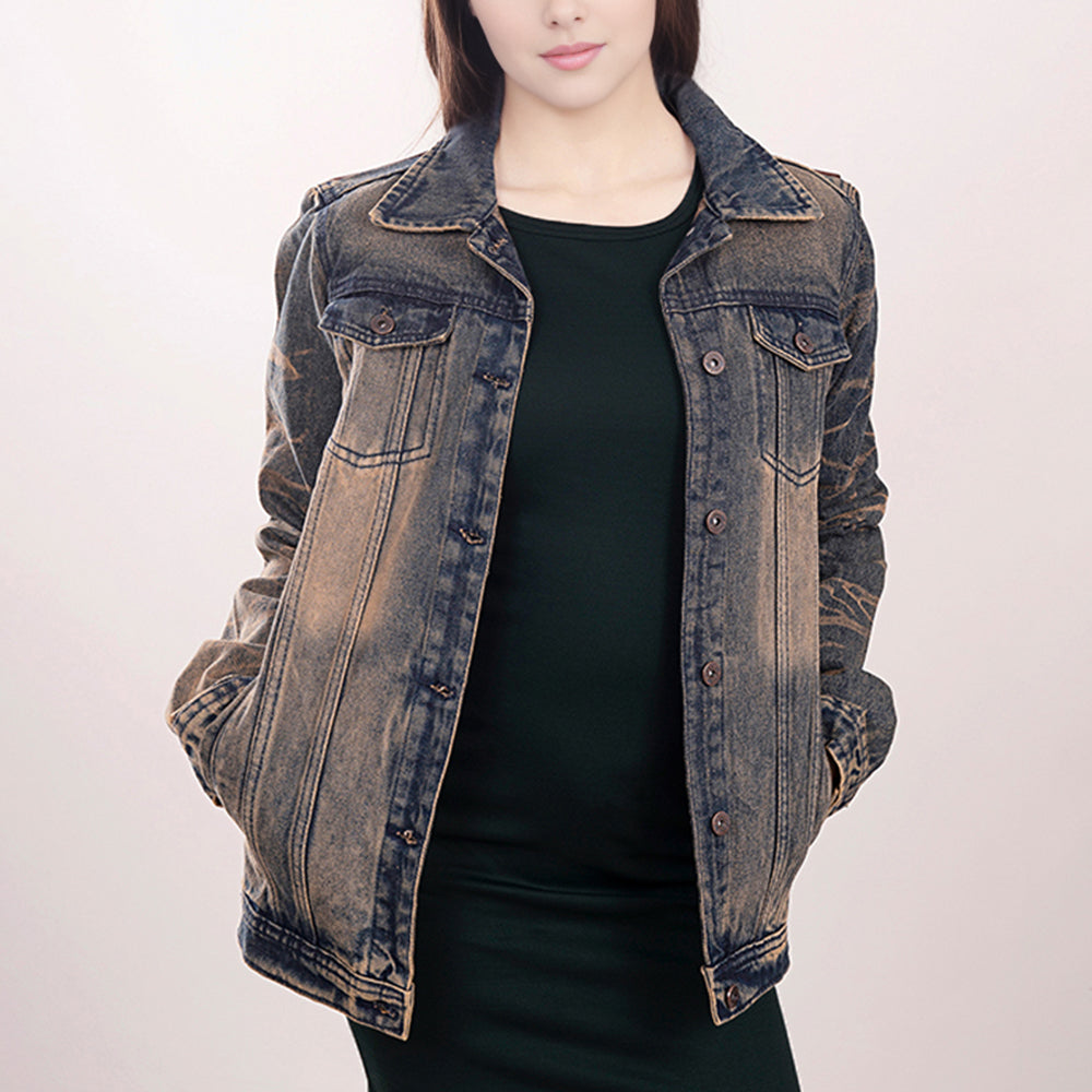 LC-ADJKT012 Hand-Tooled Cactus & Sunflower Western Denim Jacket - Vintage Wash