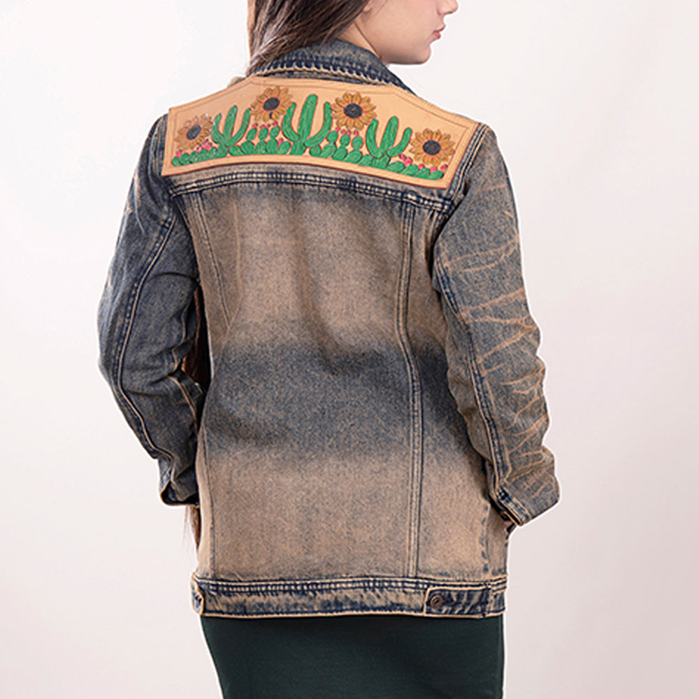 LC-ADJKT012 Hand-Tooled Cactus & Sunflower Western Denim Jacket - Vintage Wash