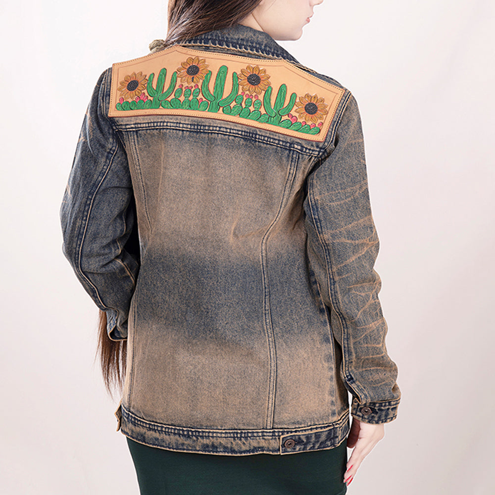 LC-ADJKT012 Hand-Tooled Cactus & Sunflower Western Denim Jacket - Vintage Wash