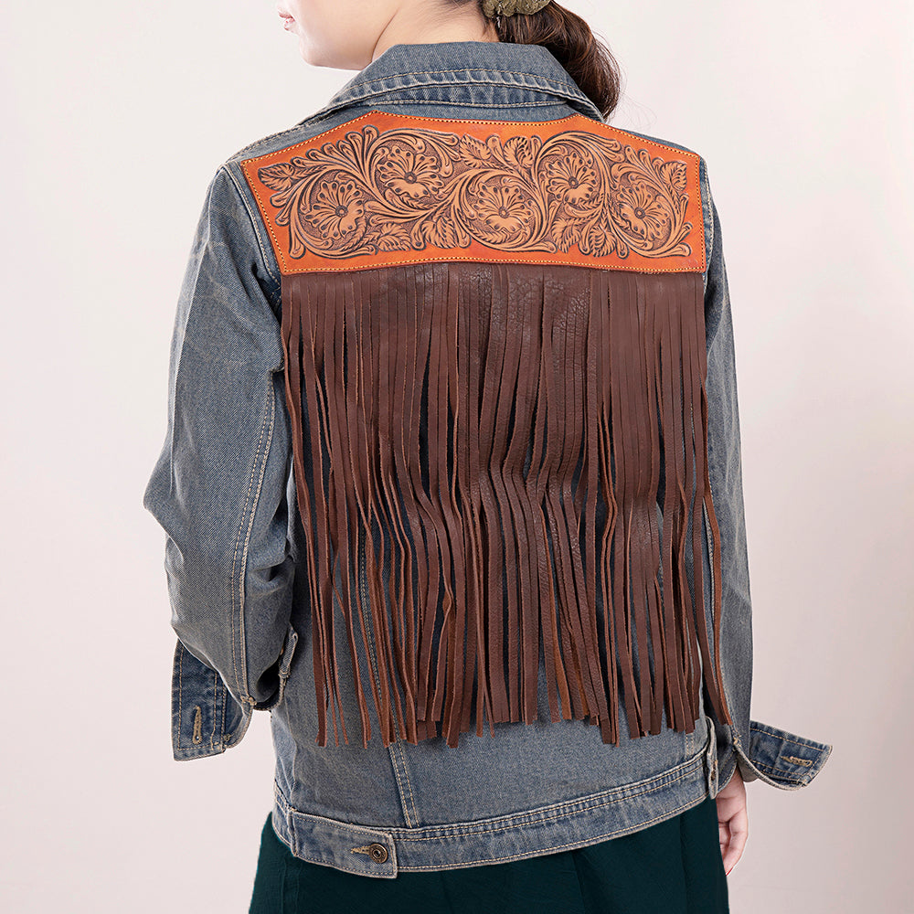 LC-ADJKT013 Hand-Tooled Leather Fringe Western Denim Jacket - Floral Scroll Yoke