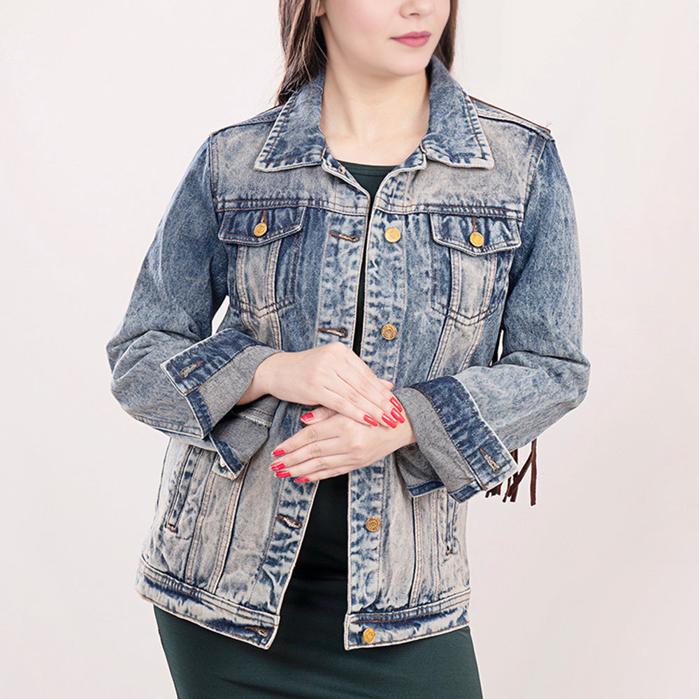 LC-ADJKT014 Light Wash Western Denim Jacket with Hand-Tooled Leather Yoke & Fringe