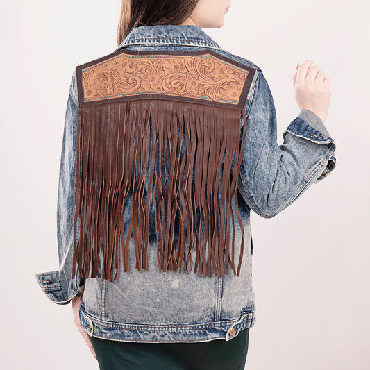 LC-ADJKT014 Light Wash Western Denim Jacket with Hand-Tooled Leather Yoke & Fringe