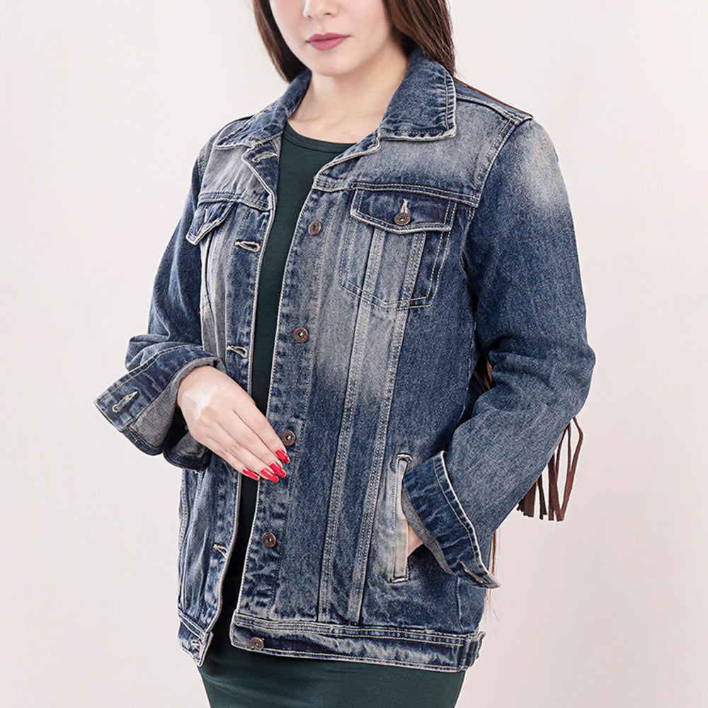 LC-ADJKT016 Denim Jacket with Tooled Leather Sunflowers & Fringe