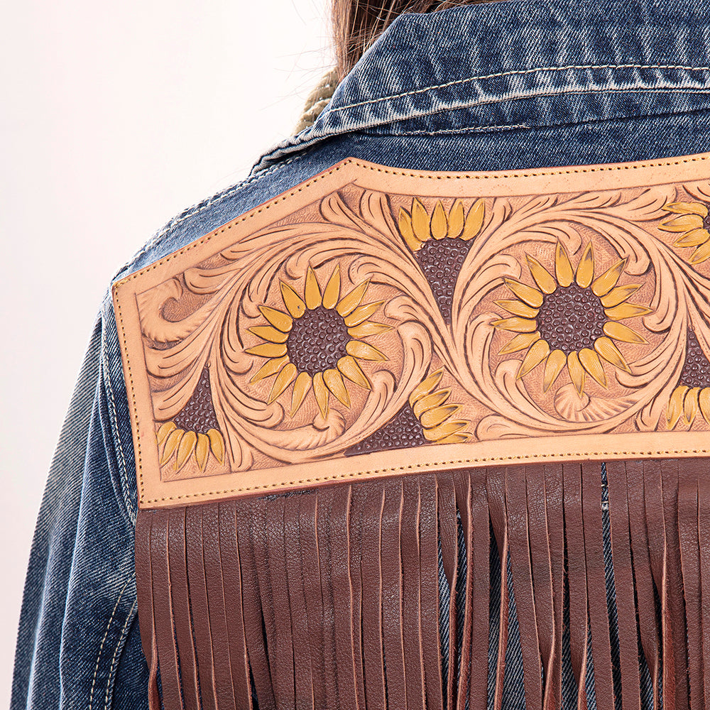 LC-ADJKT016 Denim Jacket with Tooled Leather Sunflowers & Fringe
