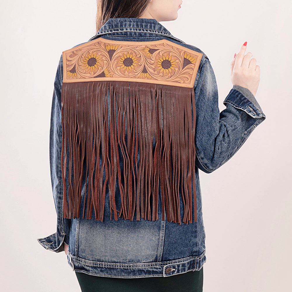 LC-ADJKT016 Denim Jacket with Tooled Leather Sunflowers & Fringe